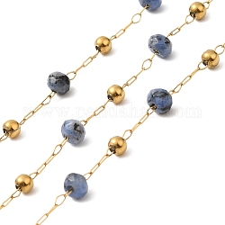 304 handgefertigte Perlenketten aus Edelstahl, mit gefärbter weißer Jade, mit Spule, ungeschweißte, echtes 18k vergoldet, Stahlblau, 3~4.5x3~3.5 mm, ca. 32.81 Fuß (10m)/Rolle