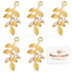 Beebeecraft 10 pz/scatola pendenti con ciondoli a foglia in ottone placcato oro 18k ciondoli con rami frondosi con zirconi trasparenti per collana fai da te braccialetto orecchino creazione di gioielli artigianali