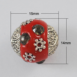 Handmade Indonesia Beads, with Alloy Cores, Oval, Red, 14x15mm, Hole: 2mm