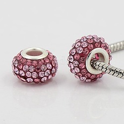 Rhinestone Harz europäischen Perlen, Klasse A, mit Messing-Doppelkerne, silberfarben plattiert, Rondell, Rose, 15x9 mm, Bohrung: 5 mm