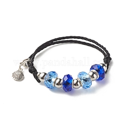 Bracelet cordon perles européennes en verre à facettes, bracelet réglable breloque coquillage pour femme ado fille, argent antique, bleu, diamètre intérieur: 2-1/8~3-1/2 pouce (5.3~9 cm)