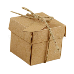 Coffret cadeau, décoration de mariage, boîte d'emballage de bonbons de douche de bébé, cartons cadeaux de fête de mariage au chocolat pour les invités, avec une corde de chanvre, burlywood, 5x5x5 cm, corde de chanvre environ 61.5cm, tag: 5x2.5cm, trou: 0.4 cm