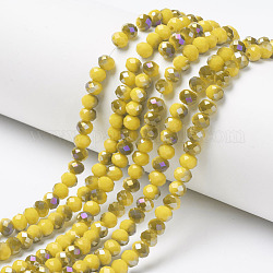 Electroplate Opaque Glass Beads Strands, Half Purple Plated, Faceted, Rondelle, Yellow, 4x3mm, Hole: 0.4mm, about 130pcs/strand, 16.54 inch(42cm)