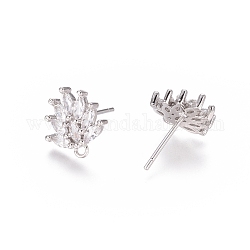 Accessoires de clous d'oreilles en laiton avec zircone cubique, avec boucle, fleur, clair, platine, 12x11.5x2.5mm, Trou: 1mm, pin: 0.8 mm