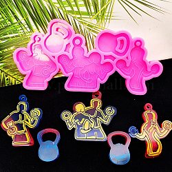 Fitness Theme Silicone Keychain Pendant Molds, for UV Resin, Epoxy Resin Jewelry Making, Flamingo Color, Human, 82x173x8.5mm, Hole: 3.8~5.8mm, Inner Diameter: 36~61x26.5~65mm