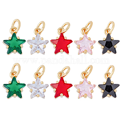 HOBBIESAY 10Pcs 5 Colors Rack Plating Brass Micro Pave Cubic Zirconia Charms, with Jump Rings, Long-Lasting Plated, Cadmium Free & Lead Free, Star, Real 18K Gold Plated, Mixed Color, 10.5x8.5x6mm, jump rings: 5x0.9mm, Hole: 3.2mm, 2pcs/color
