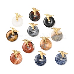 Natural Mixed Gemstone Pendants, Ion Plating(IP) Donut Charm, with Golden Color Plated 304 Stainless Steel Bird Findings and Jump Rings, 35x30x12mm, Hole: 3mm