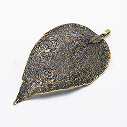 Messing überzogene natürliche Blatt große Anhänger, langlebig plattiert, Blatt, Antik Bronze, 52~86x23~46x0.5~3 mm, Bohrung: 3x5.5 mm