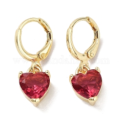 Orecchini pendenti a monachella con cuore in vero ottone placcato oro 18k, con cuore in vetro, rosso ciliegia, 25x8.5mm