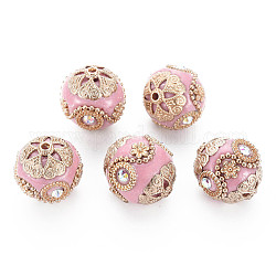 Perles Indonésiennes manuelles, avec des strass en cristal ab et des accessoires en laiton doré, ronde, rose, 20x19~20mm, Trou: 1.5~1.8mm