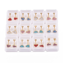 304 Stainless Steel Earlobe Plugs, Screw Back Earrings, with Polymer Clay Rhinestone, Heart, Golden, Mixed Color, 15mm, Pin: 1mm