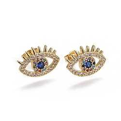 Brass Micro Pave Cubic Zirconia Stud Earrings, Evil Eye, Golden, Colorful, 14.4x10x2.4mm, Pin: 0.7mm