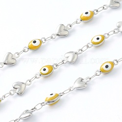 304 Stainless Steel Enamel  Link Chains, Evil Eye & Heart Link, Unwelded, with Spool, Stainless Steel Color, Yellow, Evil Eye: 11x4x3mm, Heart: 10x6x2mm,  16.4 Feet(5m)/roll