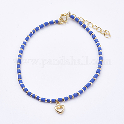 Messing Charme Armbänder, mit synthetischen türkisfarbenen Perlen und Federschließen, 12 k vergoldet, Herz, Blau, 6-1/2 Zoll (165 mm)