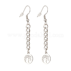 Curb Chains with Charm Long Dangle Earrings, 304 Stainless Steel Jewelry for Women, Tree of Life Pattern, 57mm, Pin: 0.7mm, Pendant: 12x10x1mm
