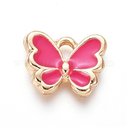 Charms in lega placcata oro chiaro, con smalto, farfalla, rosa intenso, 10.5x12.5x2.5mm, Foro: 2 mm