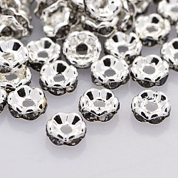Perline distanziatori strass in ottone, grado a, bordo ondulato, colore argento placcato, rondelle, diamante nero, 6x3mm, Foro: 1 mm