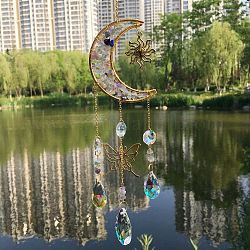 Natural Fluorite Chip & Metal Moon Hanging Suncatchers, with Glass Teardrop/Octagon and Metal Butterfly Link for Home Garden Decoration, 390mm