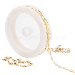 Chaînes à maillons en laiton faites à la main chgcraft 2m, perles de verre imitation perle, avec 20 anneaux de saut en laiton et 10 fermoirs à pince de homard en laiton, pour les kits de fabrication de colliers de bricolage, or, lien : 9x3x0.7mm perles : 3mm