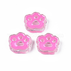 Perles en acrylique transparente, avec l'émail, impression de patte de chat, rose chaud, 22x25x8.5mm, Trou: 3mm