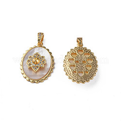Brass Micro Pave Clear Cubic Zirconia Pendants, with  Natural Shell, Real 18K Gold Plated, Nickel Free, Oval with Flower, Creamy White, 23x17x5mm, Hole: 2.5x4mm