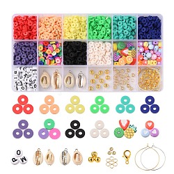 DIY Polymer Clay Beads Jewelry Set Making Kit, Including Disc/Flat Round & Fruit Theme Polymer Clay Beads, Shell Pendants, Brass Hoop Earrings, CCB Plastic Beads, 304 Stainless Steel Rings, Alloy Clasps and Elastic Thread, Mixed Color, Polymer Clay Beads: about 70g/set