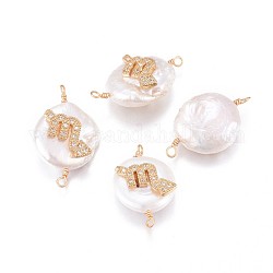 Conectores de eslabones de perlas naturales, con micro latón allanar fornituras de circonio cúbico, redondo y plano con la constelación, dorado, Claro, Escorpión, 20~26x9~17x5~11mm, agujero: 1.6 mm