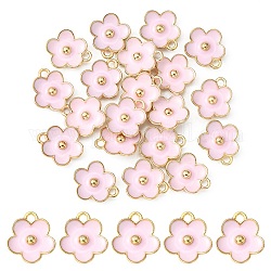Colgantes de esmalte de aleación chapados en oro claro, charm de flores, rosa perla, 13x11.5x3mm, agujero: 1.6 mm
