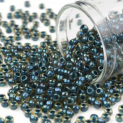 TOHO Round Seed Beads, Japanese Seed Beads, (243) Inside Color AB Topaz/Opaque Emerald Lined, 8/0, 3mm, Hole: 1mm, about 10000pcs/pound