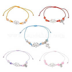 Bracelets de perles tressées en jade blanc teint naturel, bracelets à maillons en alliage de coeur réglables pour femmes, couleur mixte, diamètre intérieur: 3/4~3-3/8 pouce (8.5 cm)