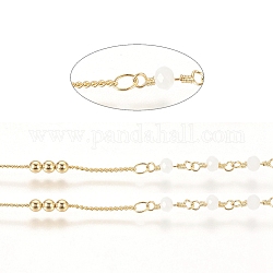 Brass Handmade Beaded Chain, Curb Chains, with Faceted Glass Bead, Long-Lasting Plated, Real 18K Gold Plated, Unwelded, with Spool, White, 10x3mm, 45x2.8mm, about 32.8 Feet(10m)/roll