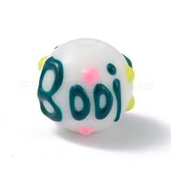 Perles de verre peintes opaques, rond avec booi enduit d'émail fait à la main, floral blanc, 13.5x13mm, Trou: 1.4mm