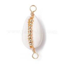 Natural Shell Copper Wire Wrapped Connector Charms, with Brass Beads, Golden, 32x13x9mm, Hole: 2.8~3mm