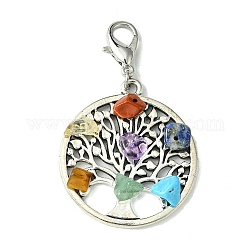 Tibetan Style Alloy Pendant Decorations, with Natural Chakra Mixed Gemstone Chips and Lobster Claw Clasps, Flat Round with Tree of Life, 55mm