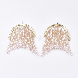 Grandi pendenti della nappa, con perle di vetro e risultati in lega placcati in oro, placcato di lunga durata, rosa nebbiosa, 69~77x48mm, Foro: 2.5 mm