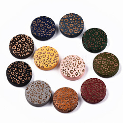 Painted Natural Wood Beads, Laser Engraved Pattern, Flat Round with Leopard Print, Mixed Color, 15x4.5mm, Hole: 1.5mm