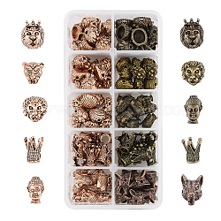 Perles en alliage de style tibétain, sans cadmium et sans plomb, Bouddha et tête de lion et couronne et tête de lion et tête de tigre et loup, couleur mixte, 100 pcs / boîte