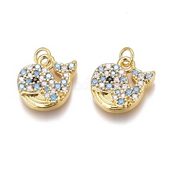 Brass Micro Pave Clear & Sky Blue Cubic Zirconia Charms, with Jump Rings, Long-Lasting Plated, Whale Shape, Real 18K Gold Plated, 12x12.5x3mm, Hole: 2mm
