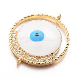 Brass Micro Pave Cubic Zirconia Links connectors, with Enamel, Flat Round with Evil Eye, Golden, 35x29x5mm, Hole: 1mm
