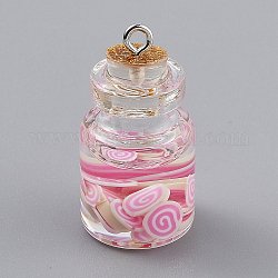 Verre transparent souhaitant des décorations de pendentif de bouteille, avec de la résine et des bonbons en plastique à l'intérieur, bouchon de liège, rose, 29x15mm, Trou: 2mm