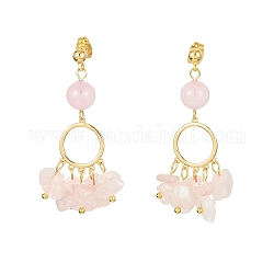 Orecchini lampadario ad anello in ottone dorato, orecchini pendenti con scaglie di quarzo rosa naturale, 46~48mm