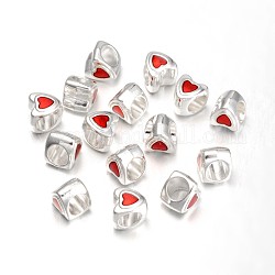 Legierung europäischen stil Perlen, Muttertagsgeschenke machen, mit Emaille, Großloch perlen, Bleifrei und cadmium frei, Herz, silberfarben plattiert, ca. 9 mm lang, 8.5 mm breit, 9 mm dick, Bohrung: 4.5 mm