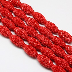 Synthetic Coral Beads Strands, Dyed, Oval Carved Flower Rose, Red, 29x16mm, Hole: 1mm, about 12pcs/strand, 15.74 inch
