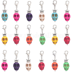 SUNNYCLUE 20PCS Skull Synthetic Howlite Pendant Decorations, with Brass Rhinestone Beads and Zinc Alloy Lobster Claw Clasps, Mixed Color, 48mm, Pendant: 28x14x18mm