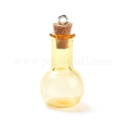 Glass Pendants, with Wood Bottle Stopper and Platinum Alloy Loops, Bulb Shaped, Gold, 34x18mm, Hole: 2mm