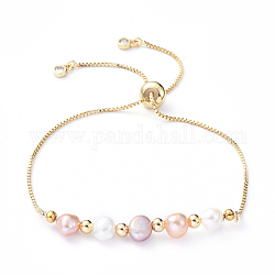 Braccialetti regolabili in ottone, braccialetti di bolo, con perle perline naturali, zirconi e perle in ottone, oro, 10-5/8 pollice (27 cm)