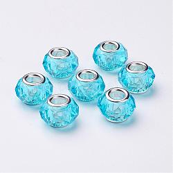 Handmade Glass European Beads, Large Hole Beads, Silver Color Brass Core, Deep Sky Blue, 14x8mm, Hole: 5mm