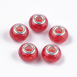 Perline europee in resina crackle, perline con foro grande, con anime in ottone placcato color argento, rondelle, rosso, 13.5~14x8.5~9mm, Foro: 5 mm