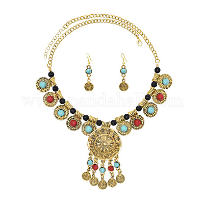 Комплекты ожерелий и серег с подвесками из искусственной бирюзы в виде монеты FS-WGF1905-01-1