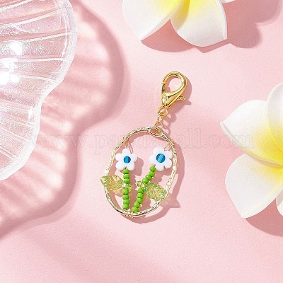 Овальный с цветочным стеклянным бисером и подвесками из лэмпворка и сплава HJEW-MZ00351-01-1